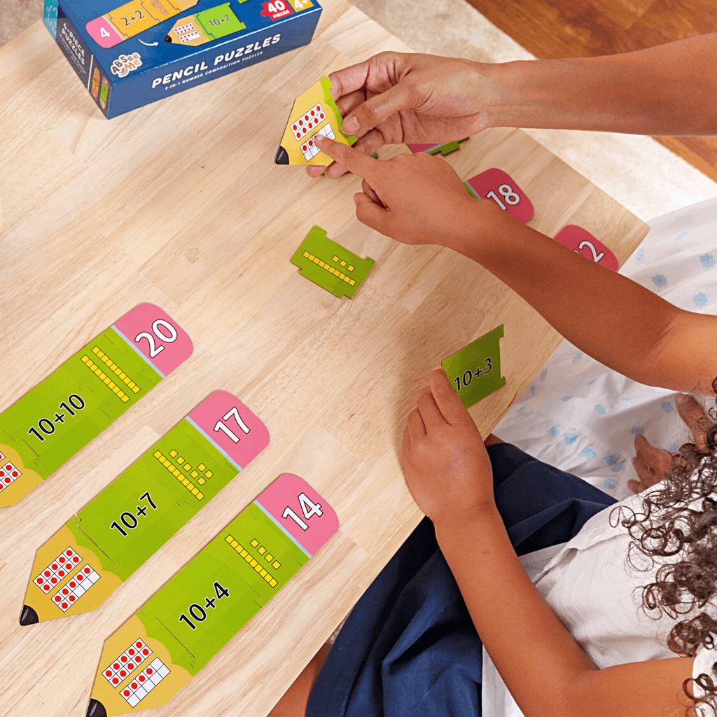 ABSee Me Pencil Puzzles – Kindergarten Math Center Activity: Kindergarten student using our puzzles in a small group for number sense development