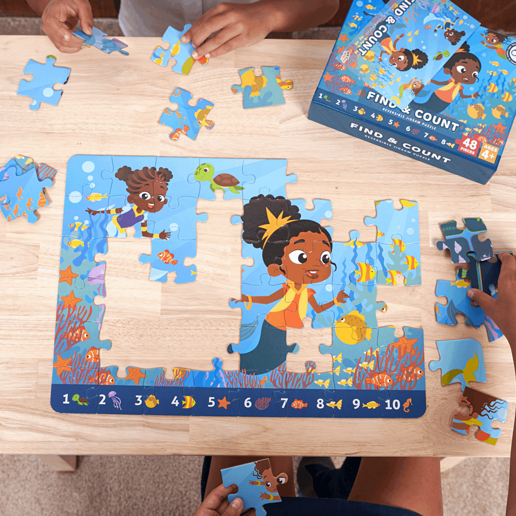 Black Students Completing Reversible Hidden Picture Puzzle - ABSee Me Mermaids Find & Count Puzzle for Pre K Math, Pre K Counting, and Kindergarten Math Activities