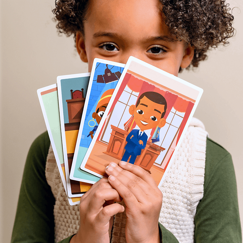 Juneteenth and Black History Month activities for preschool : A child displaying excitement while holding the Legendary Leaders - Black History Flashcards by ABSee Me, promoting cultural understanding and Black pride.