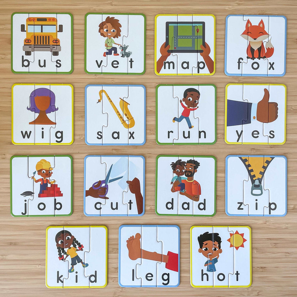 ABSee Me's Culturally Responsive CVC Word Puzzles to use as Science of Reading Phonemic Awareness Activity in 1st Grade and Kindergarten- Front View