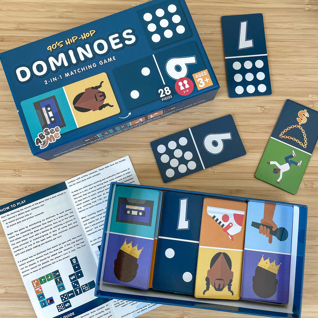 Contents of 90's Hip-Hop Counting Dominoes by ABSee Me – A Cool Maths Game for Pre K Counting and Kindergarten Math Centers