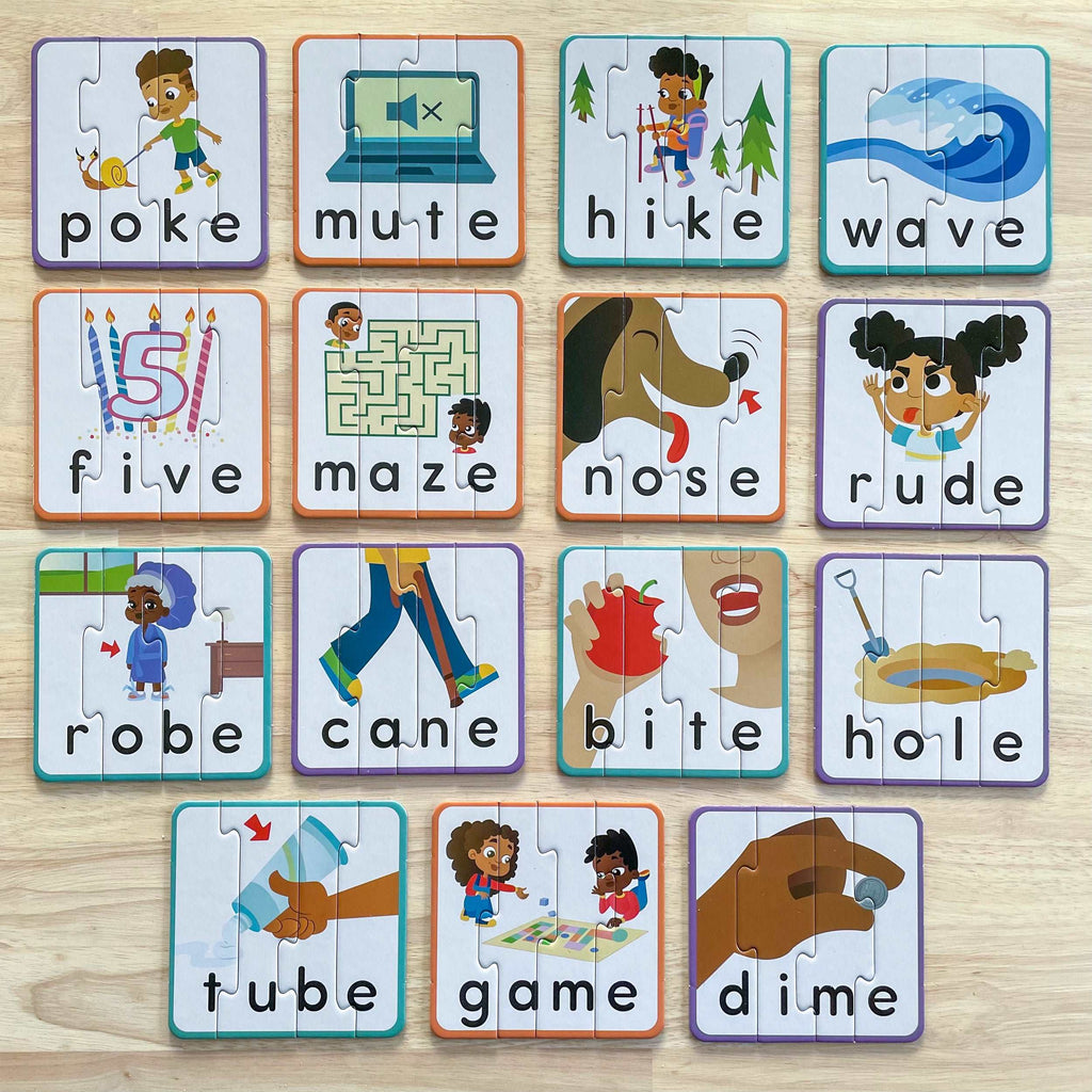 Magic E Words Activity - Front Side of Reversible 4-Letter Word Puzzle for Inclusive Classroom by ABSee Me